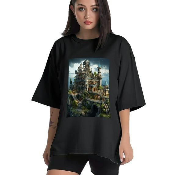 Plus Size Shirt for Women Black Tops for Women Short Sleeves Shirt for Women Castle T Shirt Crewneck Shirt for Women XL