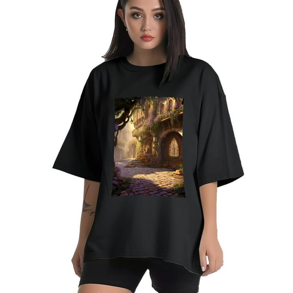 Plus Size Shirt for Women Black Tops for Women Short Sleeves Shirt for Women Castles T Shirt Oversized Shirt for Women S
