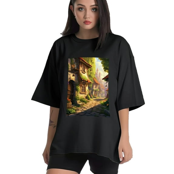 Plus Size Shirt for Women Black Tops for Women Short Sleeves Shirt for Women Castles1 T Shirt Crewneck Shirt for Women 5XL