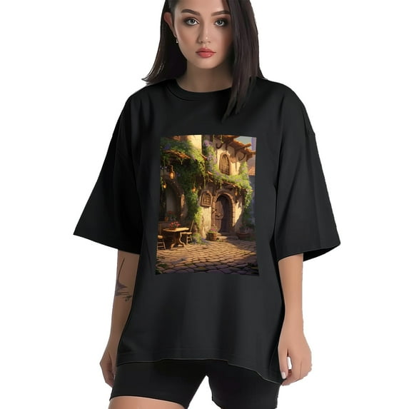 Plus Size Shirt for Women Black Tops for Women Short Sleeves Shirt for Women Castles3 T Shirt Crewneck Shirt for Women 5XL