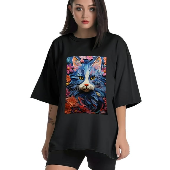 Plus Size Shirt for Women Black Tops for Women Short Sleeves Shirt for Women Cat T Shirt Crewneck Shirt for Women XL