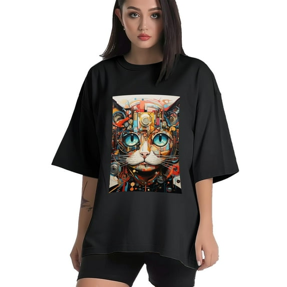 Plus Size Shirt for Women Black Tops for Women Short Sleeves Shirt for Women Cat T Shirt Crewneck Shirt for Women XL