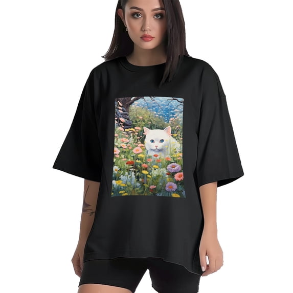 Plus Size Shirt for Women Black Tops for Women Short Sleeves Shirt for Women Cat T Shirt Crewneck Shirt for Women XL