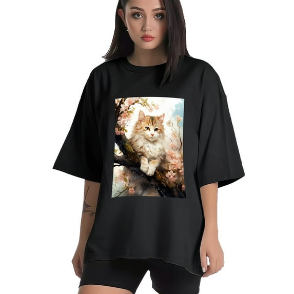 Plus Size Shirt for Women Black Tops for Women Short Sleeves Shirt for Women Cats T Shirt Crewneck Shirt for Women XL