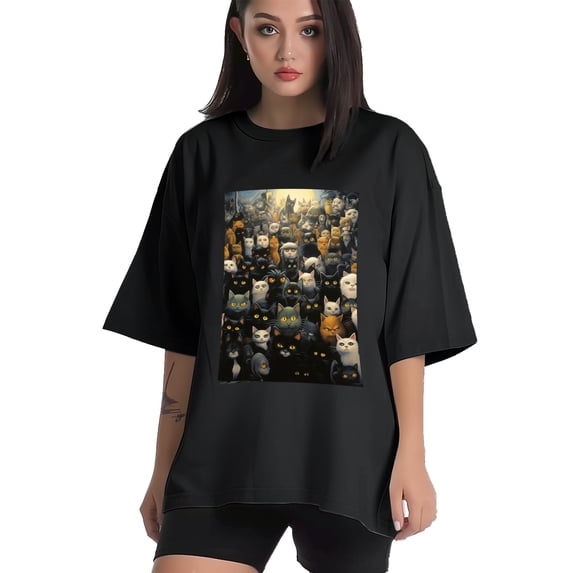Plus Size Shirt for Women Black Tops for Women Short Sleeves Shirt for Women Cats T Shirt Crewneck Shirt for Women XL