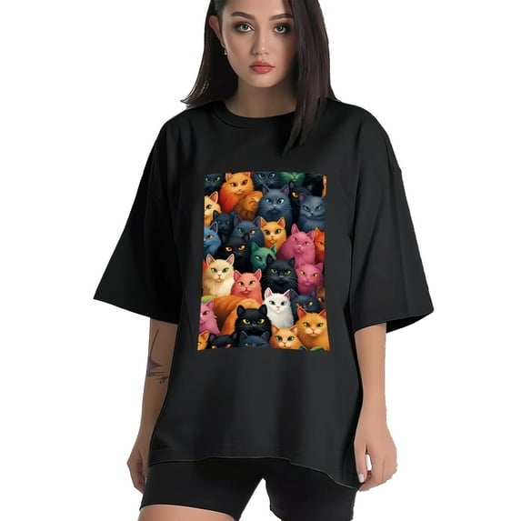 Plus Size Shirt for Women Black Tops for Women Short Sleeves Shirt for Women Cats T Shirt Crewneck Shirt for Women XL
