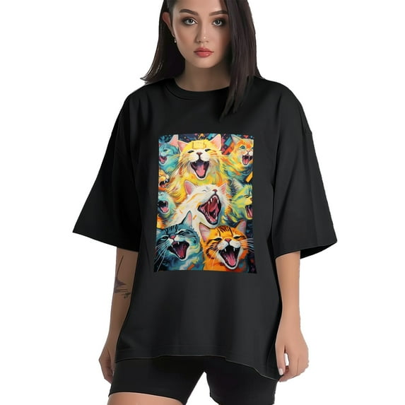 Plus Size Shirt for Women Black Tops for Women Short Sleeves Shirt for Women Cats T Shirt Crewneck Shirt for Women XL
