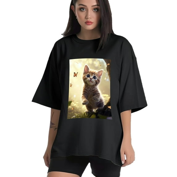 Plus Size Shirt for Women Black Tops for Women Short Sleeves Shirt for Women Cats T Shirt Oversized Shirt for Women S