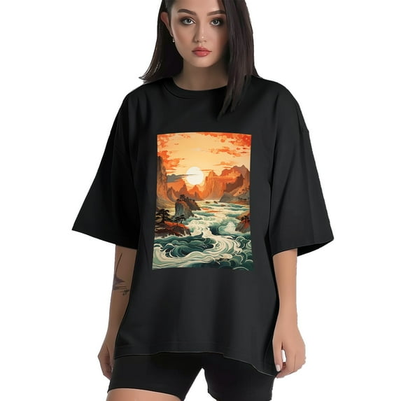 Plus Size Shirt for Women Black Tops for Women Short Sleeves Shirt for Women Chinese Landscape3 T Shirt Crewneck Shirt for Women XS