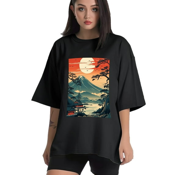 Plus Size Shirt for Women Black Tops for Women Short Sleeves Shirt for Women Chinese Landscape7 T Shirt Crewneck Shirt for Women 2XL