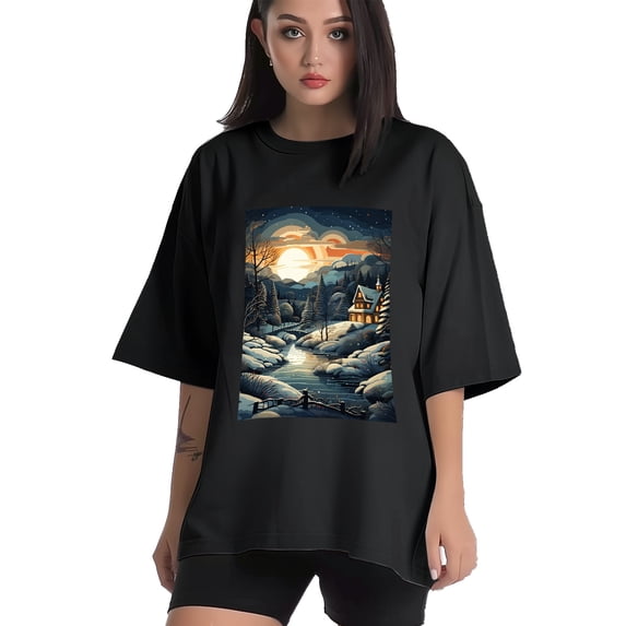 Plus Size Shirt for Women Black Tops for Women Short Sleeves Shirt for Women Christmas Scene3 T Shirt Crewneck Shirt for Women 4XL