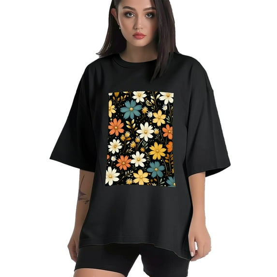 Plus Size Shirt for Women Black Tops for Women Short Sleeves Shirt for Women Color Small Flowers3 T Shirt Crewneck Shirt for Women XS