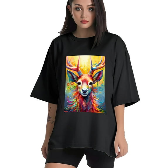 Plus Size Shirt for Women Black Tops for Women Short Sleeves Shirt for Women Colorful Deer T Shirt Oversized Shirt for Women S
