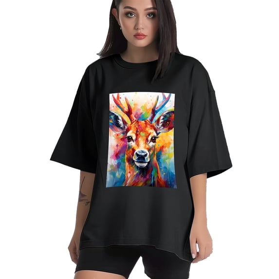 Plus Size Shirt for Women Black Tops for Women Short Sleeves Shirt for Women Colorful Deer3 T Shirt Crewneck Shirt for Women XL
