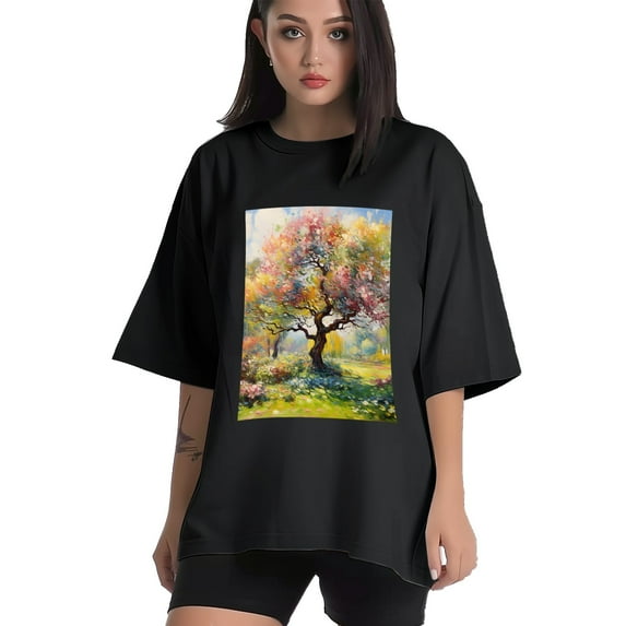Plus Size Shirt for Women Black Tops for Women Short Sleeves Shirt for Women Colorful Tree T Shirt Crewneck Shirt for Women XL