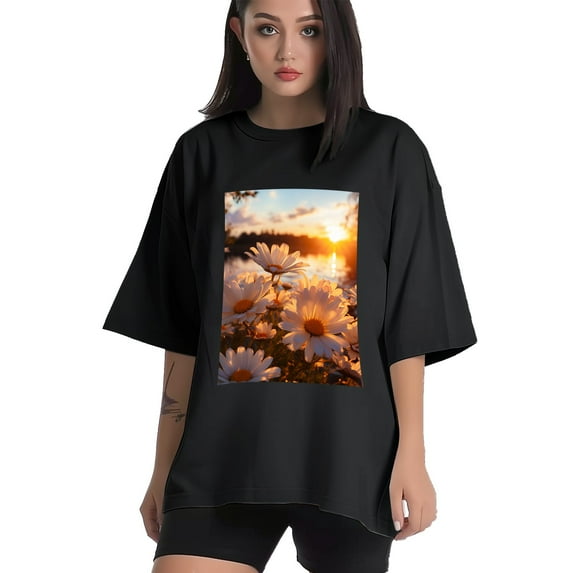 Plus Size Shirt for Women Black Tops for Women Short Sleeves Shirt for Women Daisies T Shirt Crewneck Shirt for Women 5XL