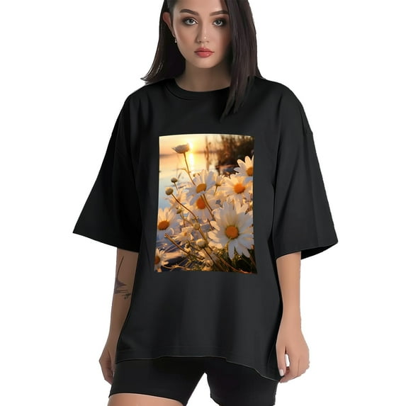 Plus Size Shirt for Women Black Tops for Women Short Sleeves Shirt for Women Daisies2 T Shirt Crewneck Shirt for Women 2XL