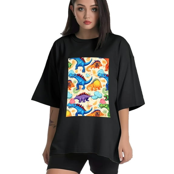 Plus Size Shirt for Women Black Tops for Women Short Sleeves Shirt for Women Dinosaur T Shirt Crewneck Shirt for Women XL