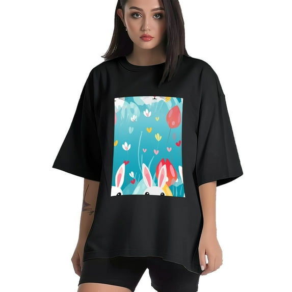 Plus Size Shirt for Women Black Tops for Women Short Sleeves Shirt for Women Easter 265 T Shirt Crewneck Shirt for Women 2XL