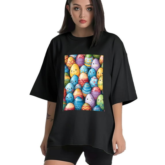 Plus Size Shirt for Women Black Tops for Women Short Sleeves Shirt for Women Easter Eggs (52) T Shirt Crewneck Shirt for Women 3XL