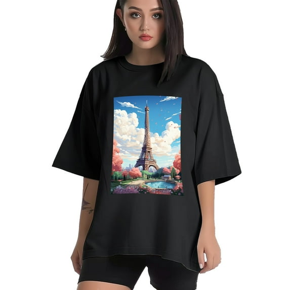Plus Size Shirt for Women Black Tops for Women Short Sleeves Shirt for Women Eifel Tower In Paris, Flowers3 T Shirt Crewneck Shirt for Women XS