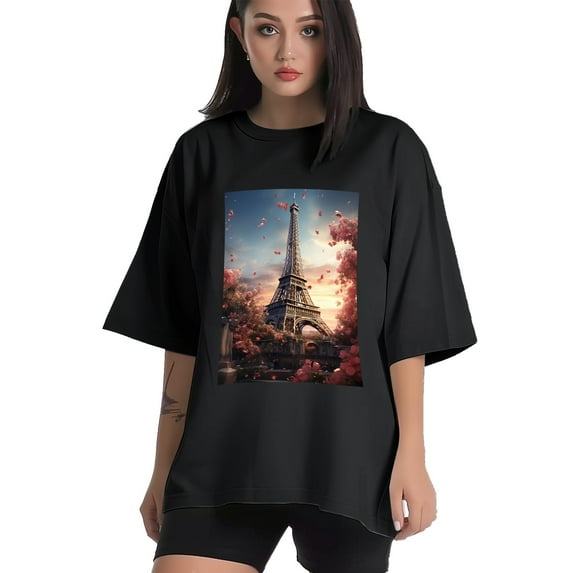 Plus Size Shirt for Women Black Tops for Women Short Sleeves Shirt for Women Eiffel Tower With Flowers2 T Shirt Crewneck Shirt for Women XS