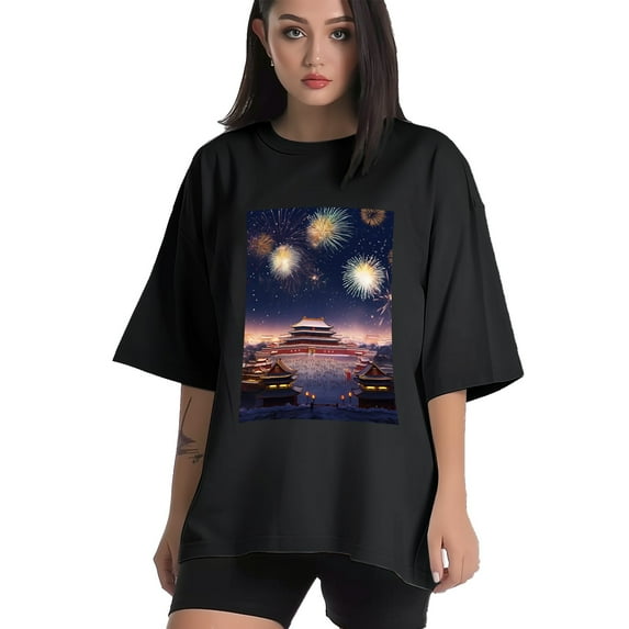 Plus Size Shirt for Women Black Tops for Women Short Sleeves Shirt for Women Fireworks Sky T Shirt Crewneck Shirt for Women XS