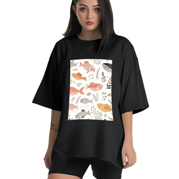 Plus Size Shirt for Women Black Tops for Women Short Sleeves Shirt for Women Fish T Shirt Crewneck Shirt for Women XL