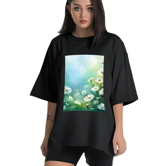 Plus Size Shirt for Women Black Tops for Women Short Sleeves Shirt for Women Flower 17 T Shirt Crewneck Shirt for Women 4XL