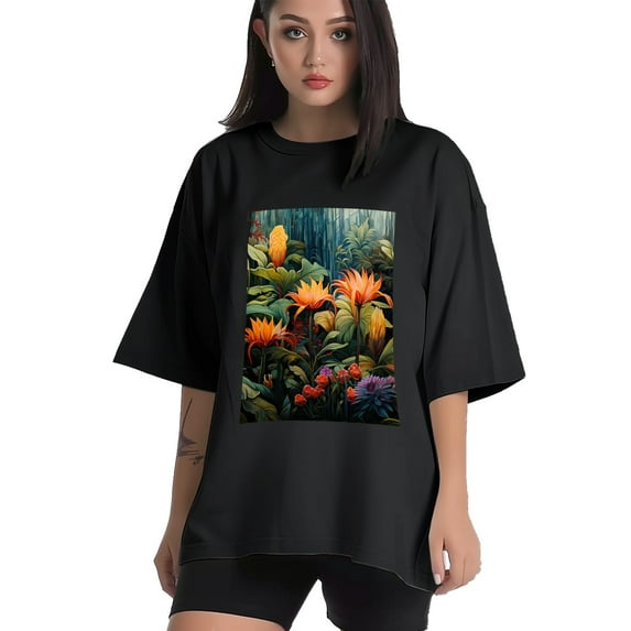Plus Size Shirt for Women Black Tops for Women Short Sleeves Shirt for Women Flower 4 T Shirt Crewneck Shirt for Women 5XL