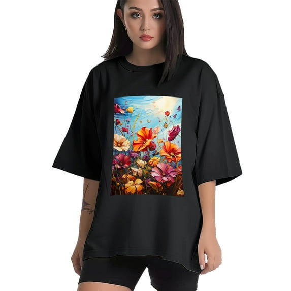 Plus Size Shirt for Women Black Tops for Women Short Sleeves Shirt for Women Flower 7 T Shirt Oversized Shirt for Women S