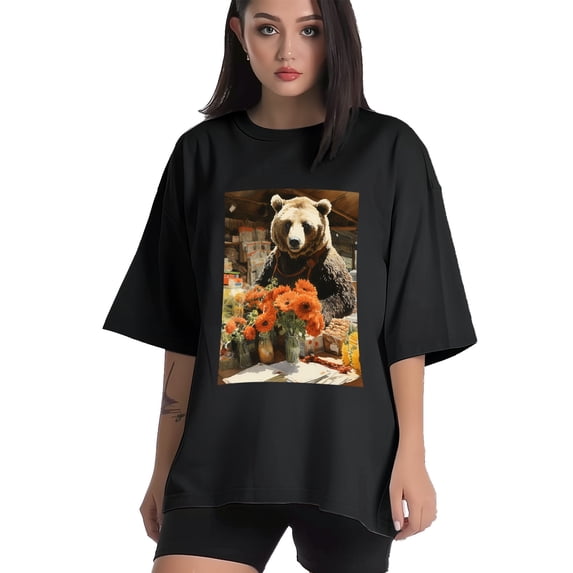 Plus Size Shirt for Women Black Tops for Women Short Sleeves Shirt for Women Flower Bear T Shirt Crewneck Shirt for Women 4XL