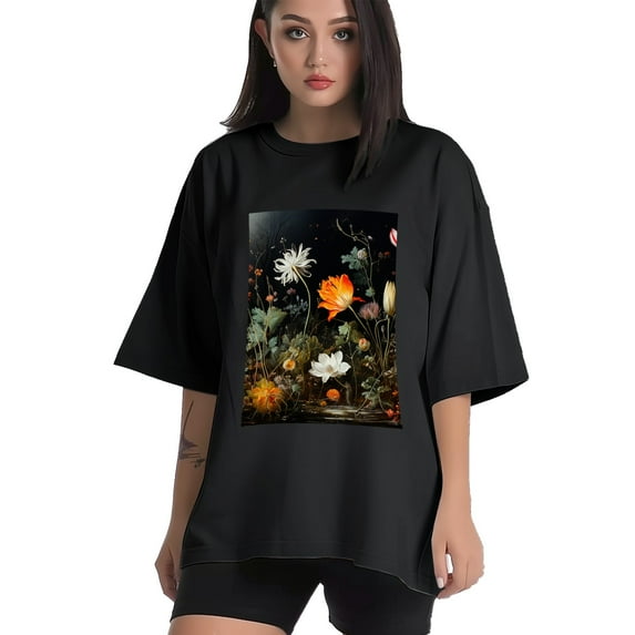Plus Size Shirt for Women Black Tops for Women Short Sleeves Shirt for Women Flower Garden T Shirt Crewneck Shirt for Women XL