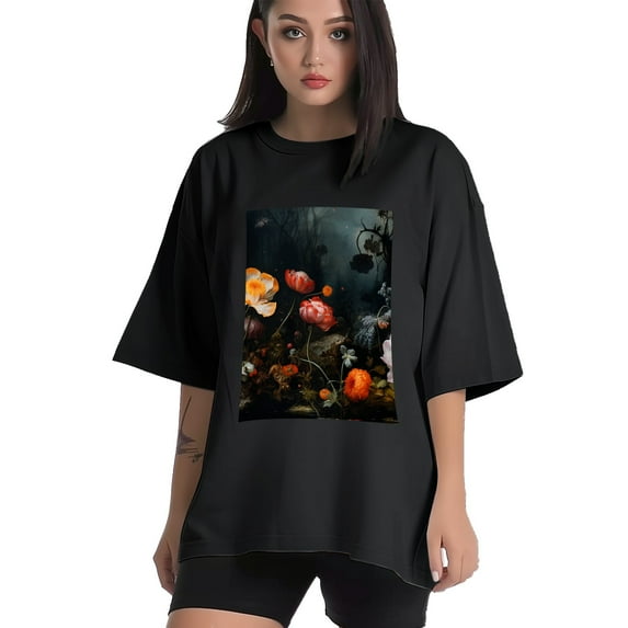 Plus Size Shirt for Women Black Tops for Women Short Sleeves Shirt for Women Flower Garden T Shirt Crewneck Shirt for Women XL