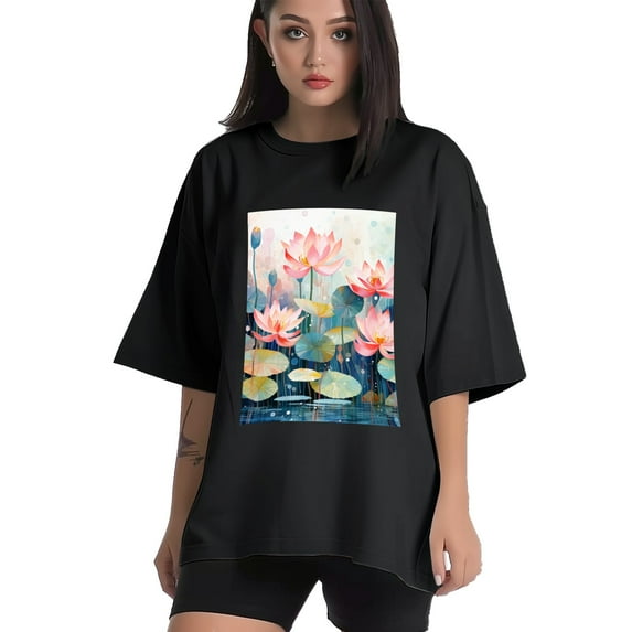 Plus Size Shirt for Women Black Tops for Women Short Sleeves Shirt for Women Flower T Shirt Crewneck Shirt for Women 2XL