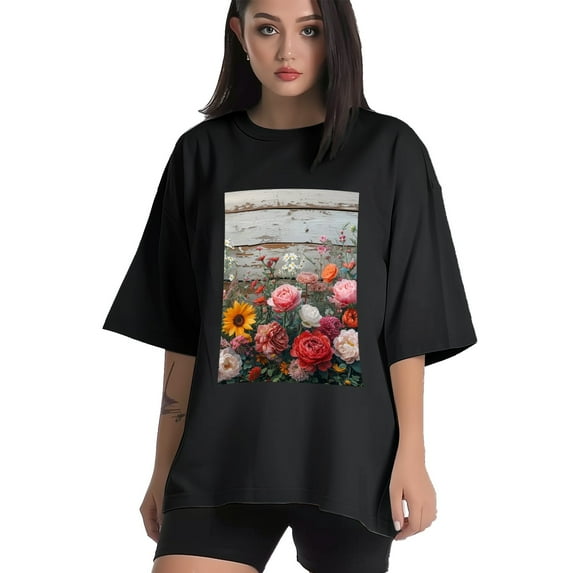 Plus Size Shirt for Women Black Tops for Women Short Sleeves Shirt for Women Flower Wood (4) T Shirt Crewneck Shirt for Women XS
