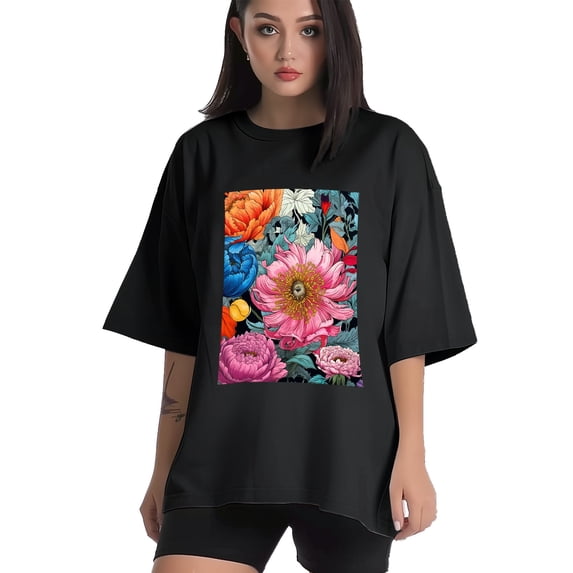 Plus Size Shirt for Women Black Tops for Women Short Sleeves Shirt for Women Flower19 T Shirt Crewneck Shirt for Women 2XL