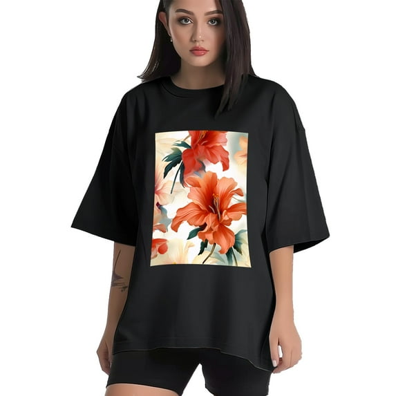 Plus Size Shirt for Women Black Tops for Women Short Sleeves Shirt for Women Flower2 T Shirt Crewneck Shirt for Women 2XL