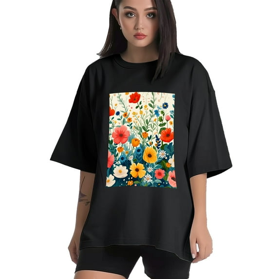 Plus Size Shirt for Women Black Tops for Women Short Sleeves Shirt for Women Flowers (2) T Shirt Crewneck Shirt for Women 4XL