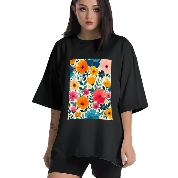 Plus Size Shirt for Women Black Tops for Women Short Sleeves Shirt for Women Flowers (3) T Shirt Crewneck Shirt for Women 2XL
