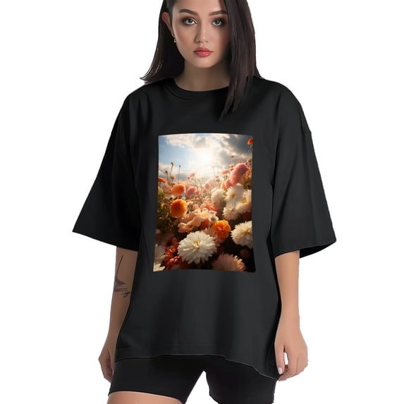 Plus Size Shirt for Women Black Tops for Women Short Sleeves Shirt for Women Flowers T Shirt Crewneck Shirt for Women XL