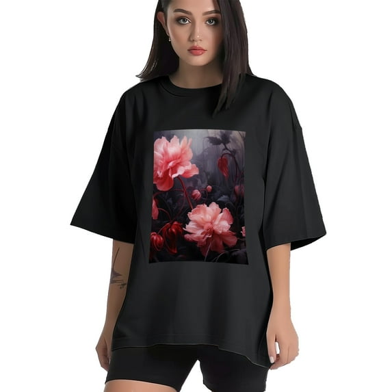 Plus Size Shirt for Women Black Tops for Women Short Sleeves Shirt for Women Flowers That Grow In The Dark 1 T Shirt Crewneck Shirt for Women 5XL