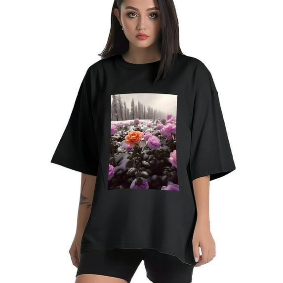 Plus Size Shirt for Women Black Tops for Women Short Sleeves Shirt for Women Flowers3 T Shirt Crewneck Shirt for Women 2XL