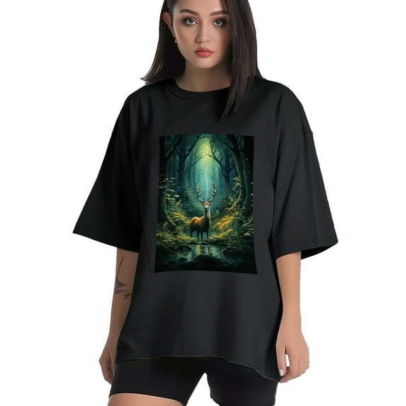 Plus Size Shirt for Women Black Tops for Women Short Sleeves Shirt for Women Forests And Deer T Shirt Crewneck Shirt for Women XL