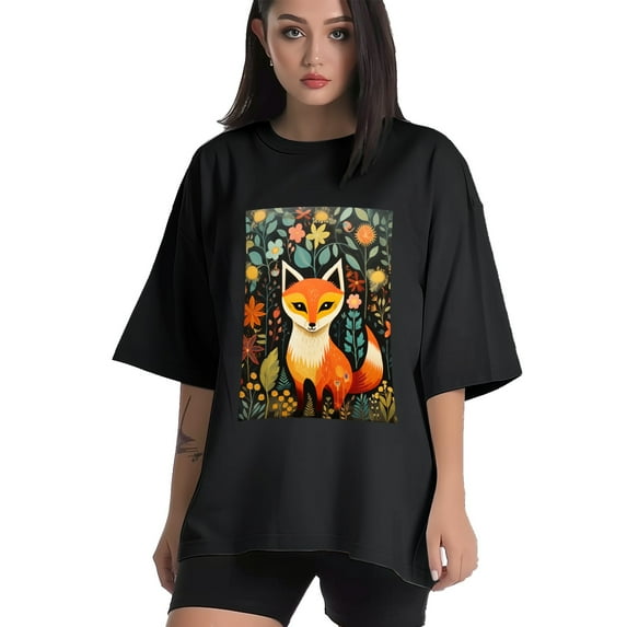 Plus Size Shirt for Women Black Tops for Women Short Sleeves Shirt for Women Fox T Shirt Crewneck Shirt for Women XL