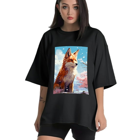 Plus Size Shirt for Women Black Tops for Women Short Sleeves Shirt for Women Fox T Shirt Crewneck Shirt for Women XL