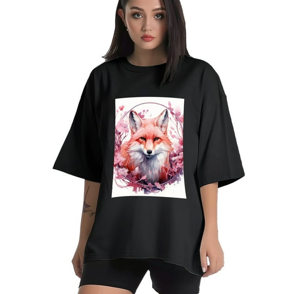 Plus Size Shirt for Women Black Tops for Women Short Sleeves Shirt for Women Fox T Shirt Crewneck Shirt for Women XL
