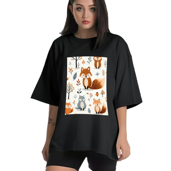 Plus Size Shirt for Women Black Tops for Women Short Sleeves Shirt for Women Fox3 T Shirt Crewneck Shirt for Women 2XL