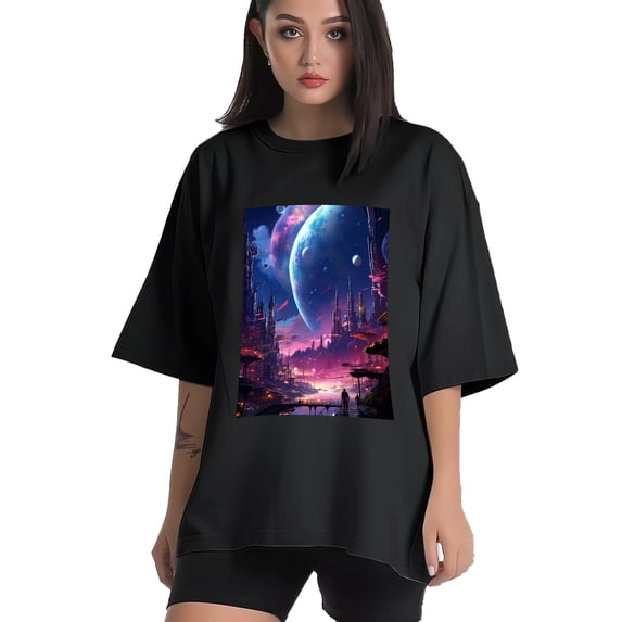 Plus Size Shirt for Women Black Tops for Women Short Sleeves Shirt for Women Futuristic City 4 T Shirt Crewneck Shirt for Women XL