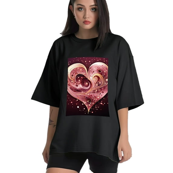 Plus Size Shirt for Women Black Tops for Women Short Sleeves Shirt for Women Heart 1 T Shirt Crewneck Shirt for Women 4XL